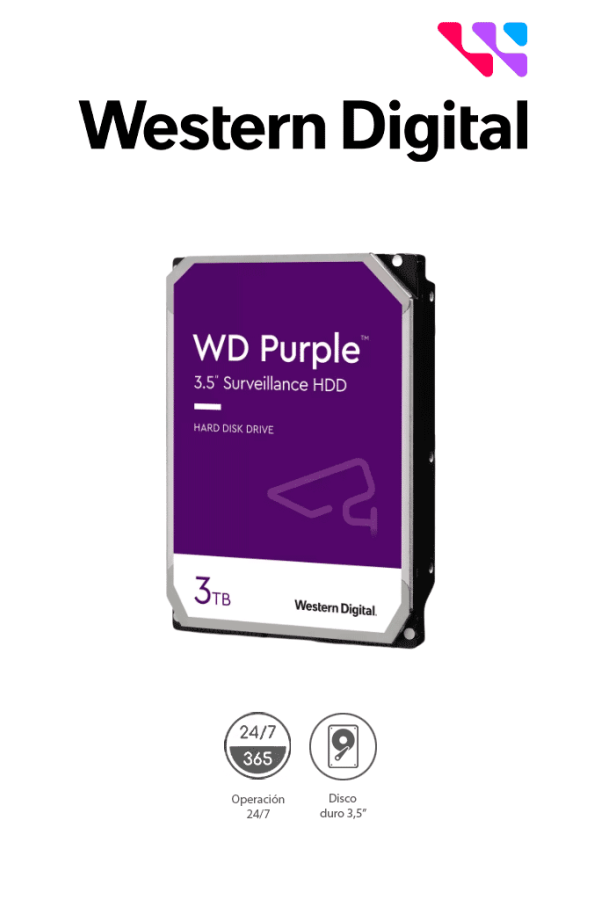 WESTERN WD34PURZ - Disco Duro de 3TB Purple/ Especial para Videovigilancia/ Trabajo 24/7/ Interface: Sata 6 Gb/s/ Hasta 64 Cámaras/ Hasta 16 Bahías de Discos Duros/ 3 Años de Garantía / 6Gb/s
